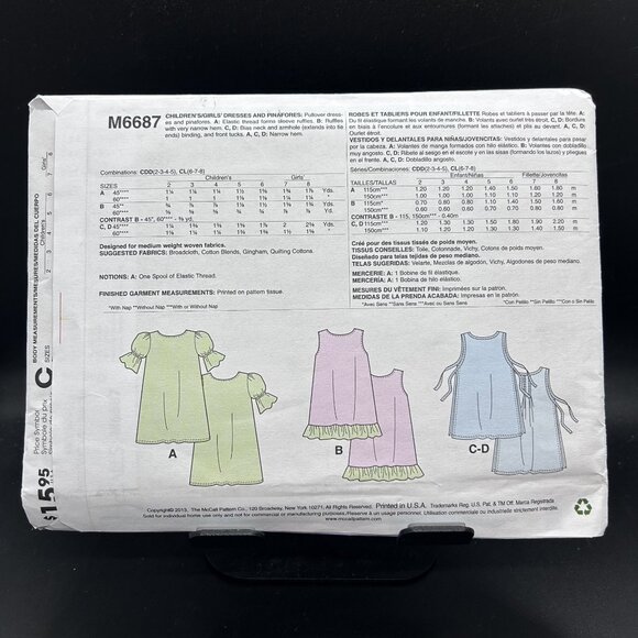 McCall's Easy 6687 “Dresses & Pinafores” (Size 6-7-8) Sewing Pattern Uncut FF - Picture 2 of 5